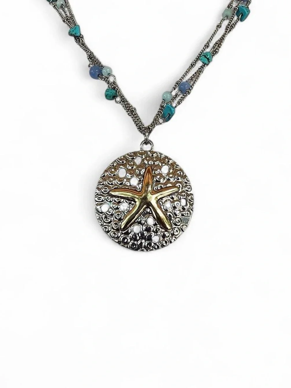 Y2K Beachy Sand Dollar & Starfish Layered Beaded Necklace 🌊